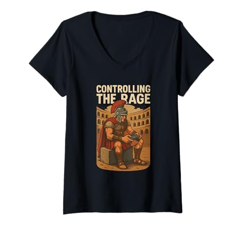Damen Lustiger römischer Gamer Rage Pun History Geek Retro-Gaming-Liebhaber T-Shirt mit V-Ausschnitt von Video Game Humor Warrior Gladiator Joke Controller