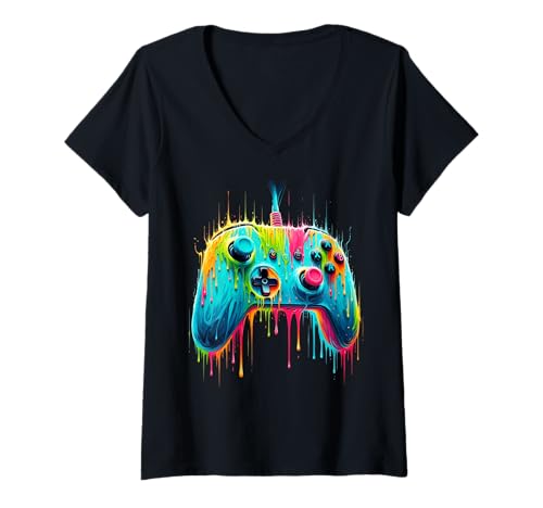 Damen Bunte Leidenschaft für Gaming-Gamer-Grafikdesign T-Shirt mit V-Ausschnitt Damen Bunte Leidenschaft für Gaming-Gamer-Grafikdesign T-Shirt mit V-Ausschnitt von Video Game Melting Graphic Art Store