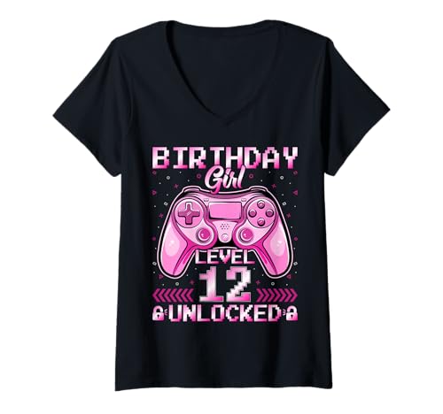 Damen Birthday Girl Level 12 Unlocked Video Gamer 12th Birthday T-Shirt mit V-Ausschnitt von Video Gamer 12th Birthday Gifts Co.