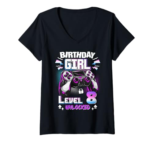 Damen 8. Geburtstag Mädchen Level 8 freigeschaltet 8 Jahre alt T-Shirt mit V-Ausschnitt von Video Gamer 8th Birthday Girls Level 8 Unlocked