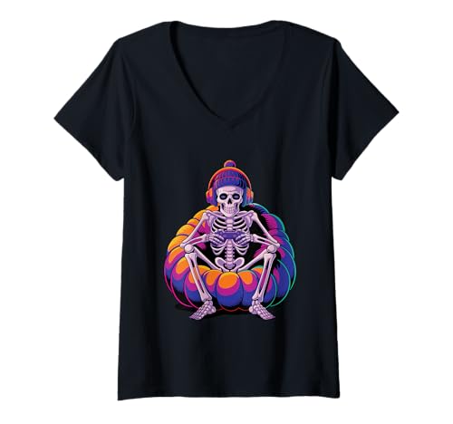 Damen Halloween Skeleton Gamer Kinder Teenager Jungen Männer T-Shirt mit V-Ausschnitt von Video Gamer Designs by Jaybeez