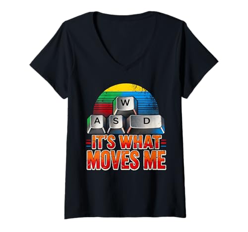 Damen Men Boys Kids Funny PC Gamer Vintage WASD It's What Moves Me T-Shirt mit V-Ausschnitt von Video Games Lover Gamer PC Gaming Nerds Geeks