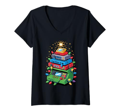 Damen Christmas Tree Gaming Consoles Gamer Video Game T-Shirt mit V-Ausschnitt von Video Gaming Gift For A Gamer