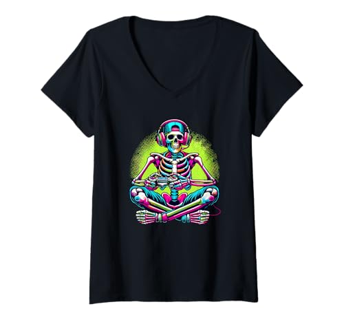 Damen Halloween Paint Art Gamer Skelett Video Game Gaming T-Shirt mit V-Ausschnitt Damen Halloween Paint Art Gamer Skelett Video Game Gaming T-Shirt mit V-Ausschnitt von Video Gaming Gift For A Gamer