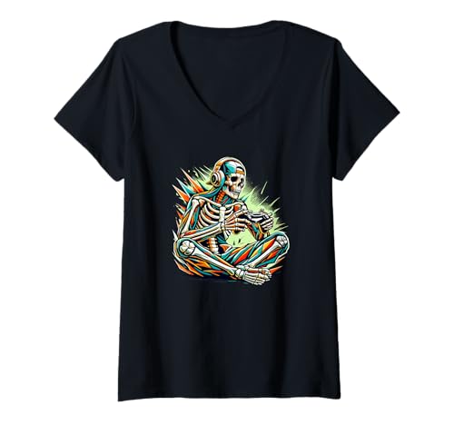 Damen Halloween Polygon Art Gamer Skelett Video Game Gaming T-Shirt mit V-Ausschnitt Damen Halloween Polygon Art Gamer Skelett Video Game Gaming T-Shirt mit V-Ausschnitt von Video Gaming Gift For A Gamer