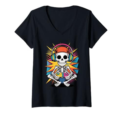 Damen Halloween Pop Art Gamer Skelett Video Game Gaming T-Shirt mit V-Ausschnitt Damen Halloween Pop Art Gamer Skelett Video Game Gaming T-Shirt mit V-Ausschnitt von Video Gaming Gift For A Gamer