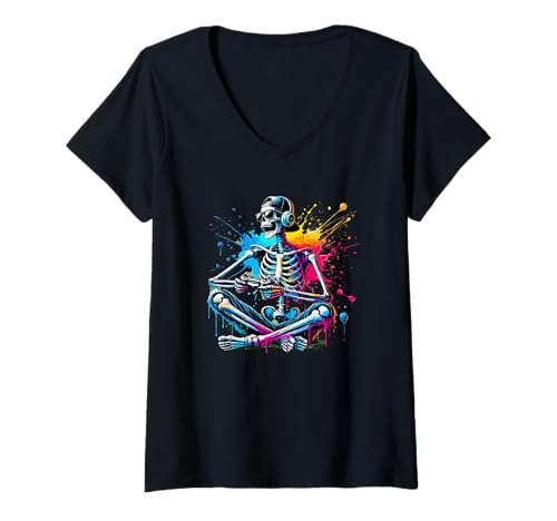 Damen Halloween Splash Art Gamer Skelett Video Game Gaming T-Shirt mit V-Ausschnitt Damen Halloween Splash Art Gamer Skelett Video Game Gaming T-Shirt mit V-Ausschnitt von Video Gaming Gift For A Gamer
