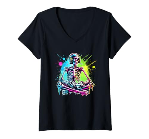 Damen Halloween Splash Art Gamer Skelett Video Game Gaming T-Shirt mit V-Ausschnitt Damen Halloween Splash Art Gamer Skelett Video Game Gaming T-Shirt mit V-Ausschnitt von Video Gaming Gift For A Gamer