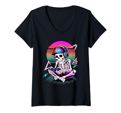 Damen Halloween Synthwave Gamer Skelett Video Game Gaming T-Shirt mit V-Ausschnitt Damen Halloween Synthwave Gamer Skelett Video Game Gaming T-Shirt mit V-Ausschnitt von Video Gaming Gift For A Gamer