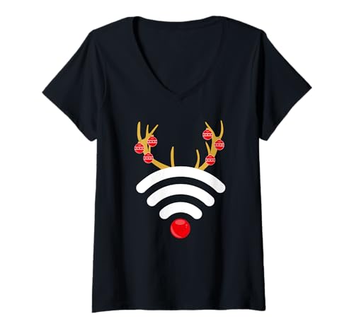 Damen WiFi Rentier Online Gamer Internet Nerds Weihnachten Design T-Shirt mit V-Ausschnitt von Video Spiele Outfit Weihnachtsmann Christbaum