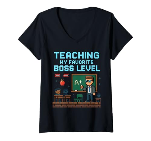 Damen Teaching My Favorite Boss Level T-Shirt mit V-Ausschnitt von Videospiel Lehrer Humor Unterricht