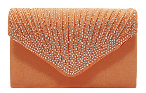 Vidfye Damen-Clutch, Satin, mit Strasssteinen, Umschlagtasche, Handtasche, Abendtasche, Hochzeit, Abschlussball, Umhängetasche, Orange von Vidfye