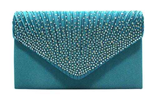 Vidfye Damen-Clutch, Satin, mit Strasssteinen, Umschlagtasche, Handtasche, Abendtasche, Hochzeit, Abschlussball, Umhängetasche, blaugrün von Vidfye