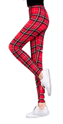 Vidfye Damen Leggings mit rotem Schottenkaro-Muster, lang, dehnbar, volle Länge, modische Leggings, Rotes Gitter, One size von Vidfye