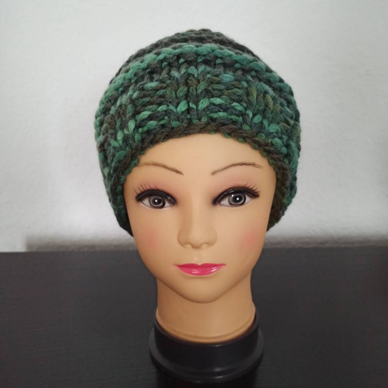 Grünmelierter Beanie Skimütze Kopfbedeckung Kopftuch Hut Mütze Kappe Jogginmütze Unisex Strick Damen Warm Grobstrick Nachhaltig von Vielfach