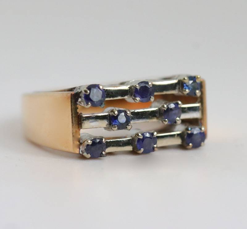 1920Er Saphir 3-Reihige Bar Set Ring, 14K Gelbgold Zweifarbiger 2 Ton Ring von ViennaJewelryandCo