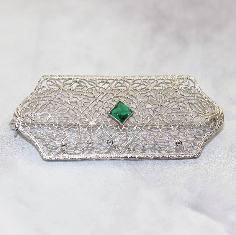 Antike Art Deco Turmalin Brosche Pin-14K Weißgold von ViennaJewelryandCo