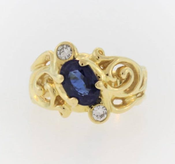 Antique Blue Celia Sapphire & Diamond Filigree Ring-18K Yellow Gold von ViennaJewelryandCo