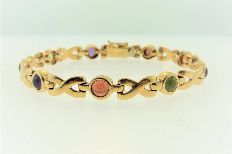 Cabochon Amethyst Citrine Garnet 14K Yellow Gold X Link Armband-Vintage Armband von ViennaJewelryandCo