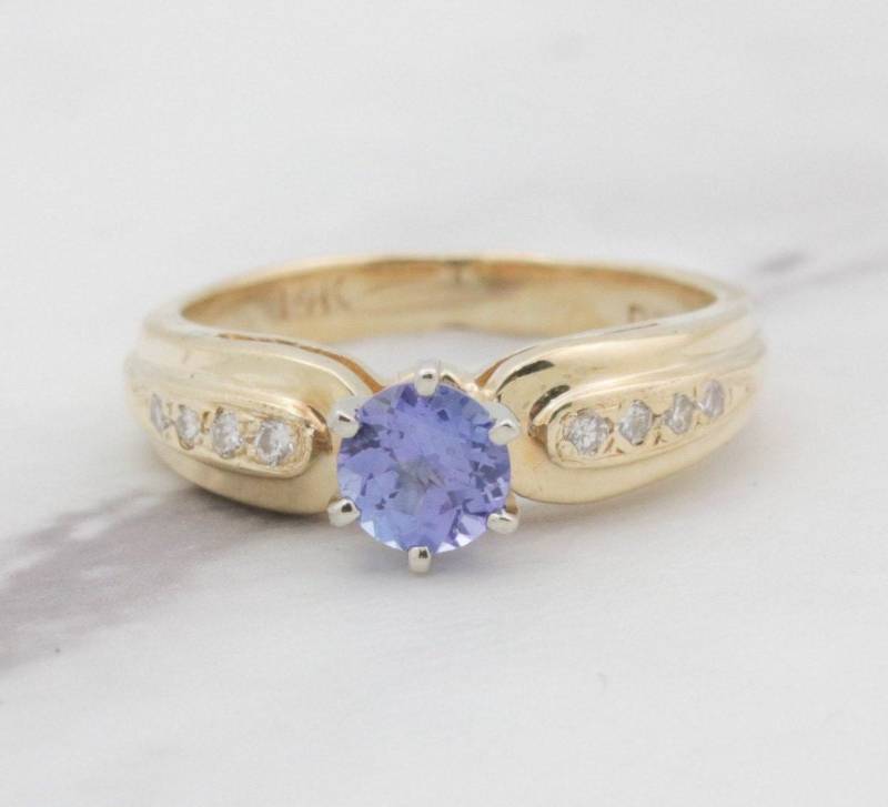 Jahrgang Solitaire Tansanit Und Diamant-Ring 14K Gelbgold von ViennaJewelryandCo