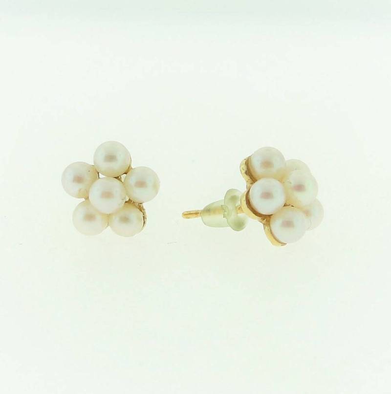 Kleine Blüten Perlen Ohrringe Aus 750Er Gelbgold - Juni Geburtsstein von ViennaJewelryandCo