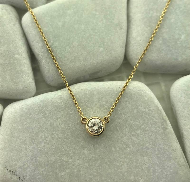 Lünette Set Runde Diamant Kette in 14K Gelbgold von ViennaJewelryandCo