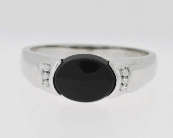 Ovaler Onyx Diamant Ring -14K Weißgold Cocktail von ViennaJewelryandCo