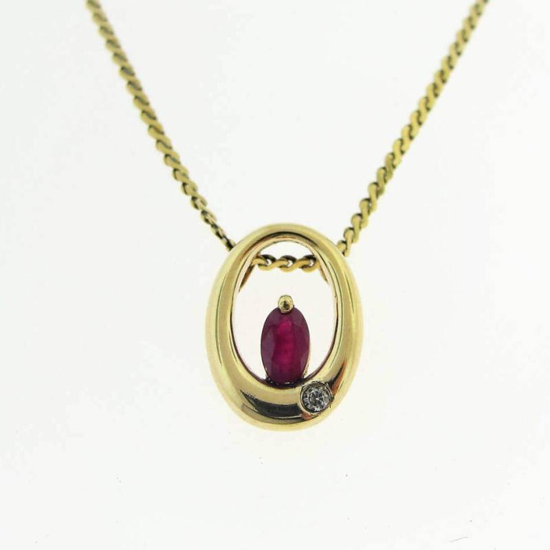 Ruby & Diamond Halo Pendant Necklace-14K Yellow Gold von ViennaJewelryandCo