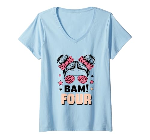 Damen 4. Geburtstag Mädchen Messy Bun Bäm! Vier Jahre Alt T-Shirt mit V-Ausschnitt von Vierter Geburtstag & 4. Geburtstag Design