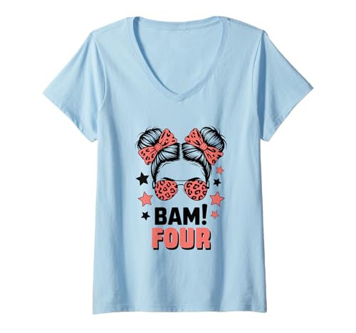 Damen 4. Geburtstag Mädchen Messy Bun Bäm! Vier Jahre Alt T-Shirt mit V-Ausschnitt von Vierter Geburtstag & 4. Geburtstag Design