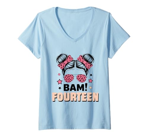 Damen 14. Geburtstag Mädchen Messy Bun Bäm! Vierzehn Jahre Alt T-Shirt mit V-Ausschnitt von Vierzehnter Geburtstag & 14. Geburtstag Design