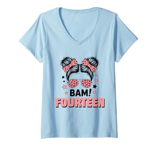 Damen 14. Geburtstag Mädchen Messy Bun Bäm! Vierzehn Jahre Alt T-Shirt mit V-Ausschnitt von Vierzehnter Geburtstag & 14. Geburtstag Design