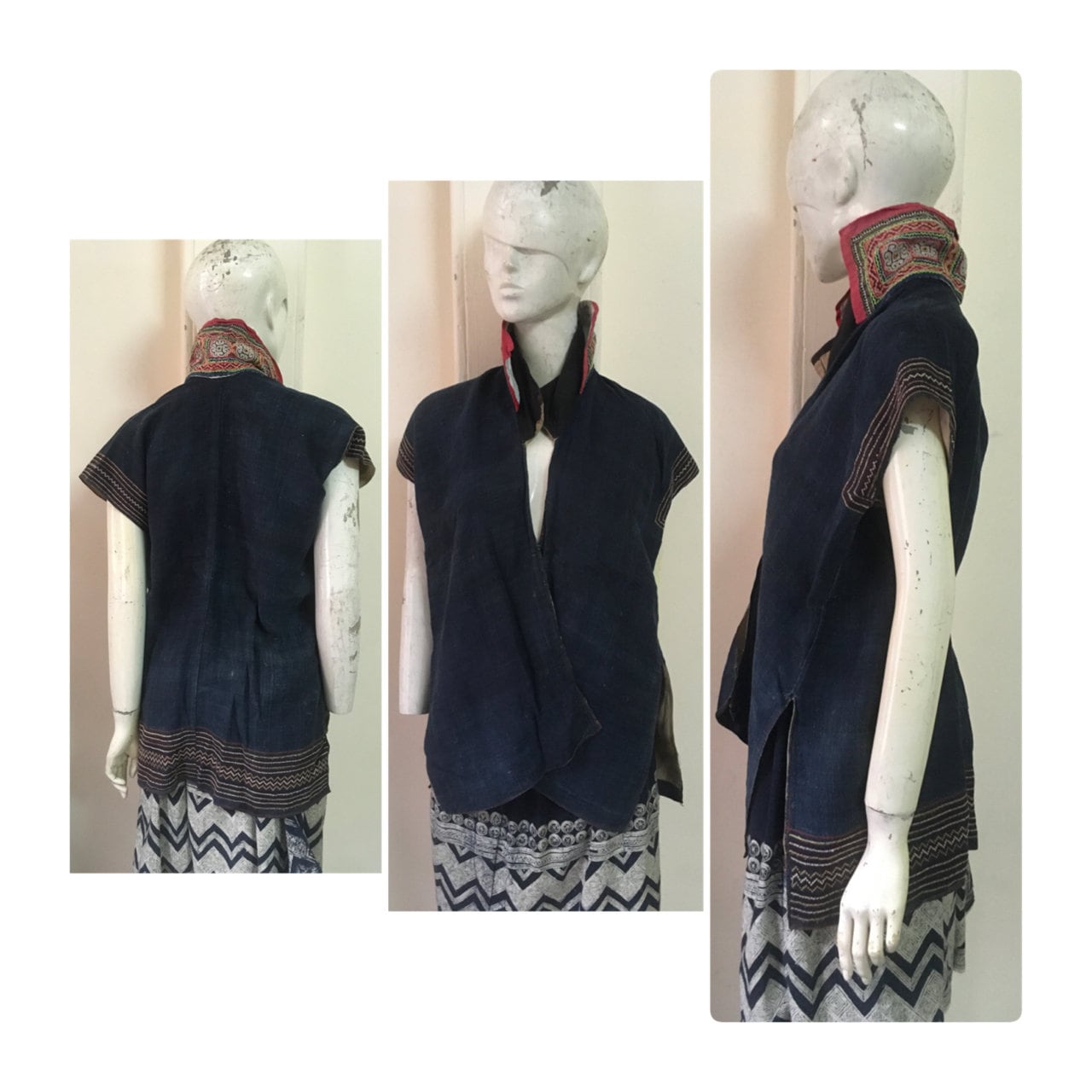 Vintage Weiße Hmong Hanf Weste, Natürlicher Indigo Farbstoff, Handbestickt von VietnamMinority