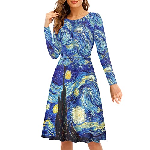 Viewamoon Midikleider für Damen Herbst Langarm Puffy Kleid Größe S-4XL, Van Gogh Sternennacht, Klein von Viewamoon