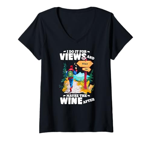 Damen I DO IT FOR VIEWS AND MAYBE THE AFTER T-Shirt mit V-Ausschnitt von Views Love Hiking Adventure Backpack Nature Boots