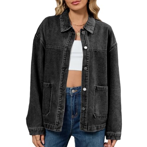 VigelEther Damen Cowboy Jacke Groß mit Taschen Langärmel Knopf Herbst (DE/NL/SE/PL, Alphanumerisch, XL, Regular, Regular, Schwarz) von VigelEther
