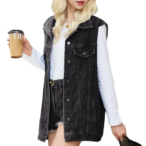 VigelEther Damen Oversize Jeansweste Größe lockere Cowboy Jacke im klassischen Stil (DE/NL/SE/PL, Alphanumerisch, XL, Regular, Regular, Schwarz) von VigelEther