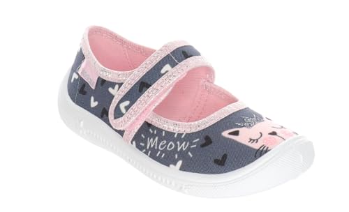 Viggami Mädchen Baumwoll Hausschuhe mit atmungsaktiver Sohle Grau mit Katzenkopf & Glitzerkrone Textil Gaja (Jeans Katze, 30 EU) von Viggami