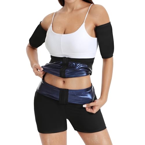 Vigorix Taillentrainer Set für Frauen Gewichtsverlust - 3-in-1 Arm Schweißband Taillenformer Sauna Shorts Unterbauchfett für Frauen, Blau, XX-Large von Vigorix