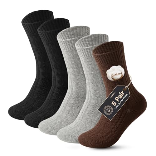 Vihir Dicke Warme Socken Damen 36-40, 5 Paar Winter Thermosocken Stricken Wandersocken Atmungsaktiv, Comfort Lang Frauen Socken Baumwolle, Thermo Socken Damen Ohne Bund, Schwarz Grau Braun Einfarbig von Vihir