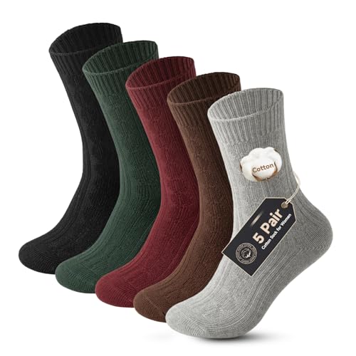 Vihir Dicke Warme Socken Damen 36-40, 5 Paar Winter Thermosocken Stricken Wandersocken Atmungsaktiv, Lang Frauen Socken Baumwolle, Thermo Socken Damen Ohne Bund, Schwarz Grün Rot Grau Braun Einfarbig von Vihir