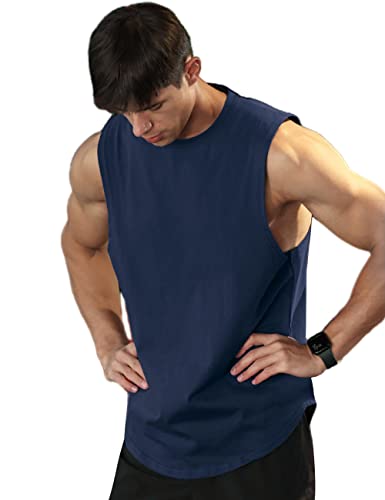 Herren-Sport-Tanktops, Weste, Workout, Bodybuilding, Workout, Fitnessstudio, Shirts, Baumwolle, Ausschnitt, ärmellos, Muskel-T-Shirts Navy blau L von Viisendy Pro