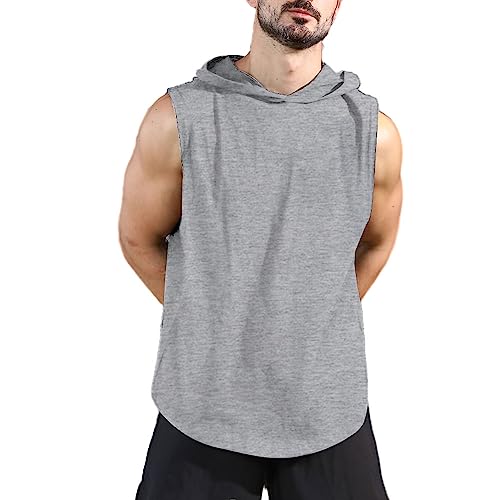 Herren Workout Hoody Tank Tops Athletic Training Bodybuilding Ärmellose Hoodie-Shirts Baumwolle Gym Ärmelloses Muskel-T-Shirt Grau XL von Viisendy Pro