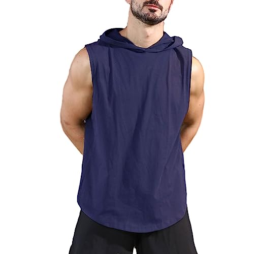 Herren Workout Hoody Tank Tops Athletic Training Bodybuilding Ärmellose Hoodie-Shirts Baumwolle Gym Ärmelloses Muskel-T-Shirt Navy blau 2XL von Viisendy Pro