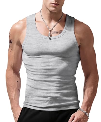 Viisendy Pro Herren Sport Stringer Tank Top, Bodybuilding Workout Tanktop für das Fitnessstudio, Baumwolle Ärmelloser Muskelshirt, Classics Schnelltrocknendes Trainings Tank Grau XL von Viisendy Pro