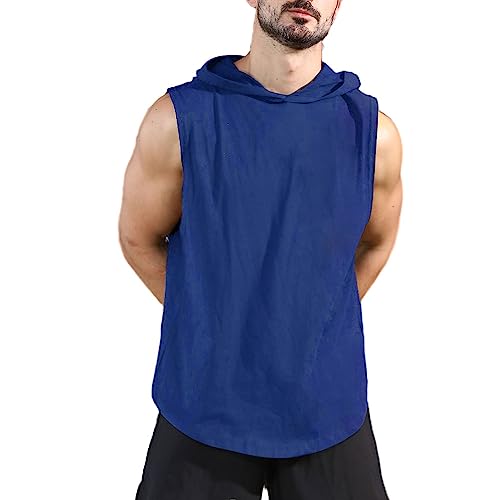 Herren Workout Hoody Tank Tops Athletic Training Bodybuilding Ärmellose Hoodie-Shirts Baumwolle Gym Ärmelloses Muskel-T-Shirt Blau 2XL von Viisendy Pro