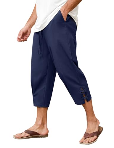 Vijamiy 3/4 Hose Herren Leinenhose kurz Sommer Strandhose Leichte Freizeit Sommerhose Khaki Kurze Hose Herren Mode Knöpfe Drawstring Linen Pants Outdoor Kniebundhose(Blau,M) von Vijamiy