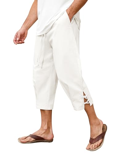 Vijamiy 3/4 Hose Herren Leinenhose kurz Sommer Strandhose Leichte Freizeit Sommerhose Khaki Kurze Hose Herren Mode Knöpfe Drawstring Linen Pants Outdoor Kniebundhose(Weiß,XXL) von Vijamiy