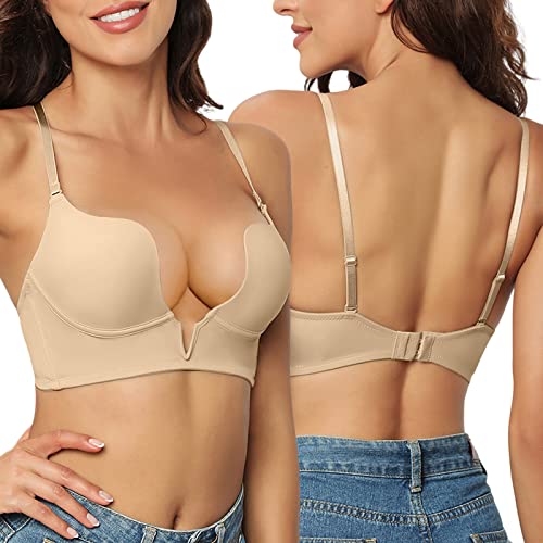 Vijamiy BH Damen Mit Bügel Push Up Bra Tiefe V Rückenfrei Sammeln Weiche Knochenstütze für Brüste Verstellbare Träger Leichte BH-Cups A-C Bequem und Kein Gefühl(Farbe,34/75B) von Vijamiy