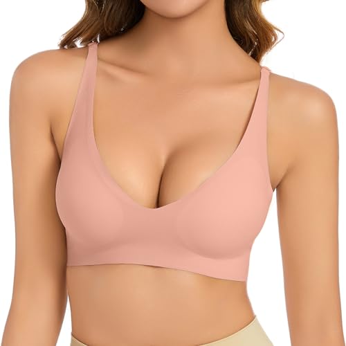 Vijamiy BH Damen Ohne Bügel V Ausschnitt Komfort Soft BH Push Up Seamless BH Leicht Gepolsterte Brüste Für Einen Gefühlsfreien Sitz Bralette Damen(Bohne Rosa,L) von Vijamiy